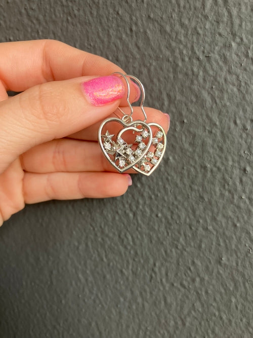 3D Star Heart Earrings – Silver Finish with Pearls & Rhinestones