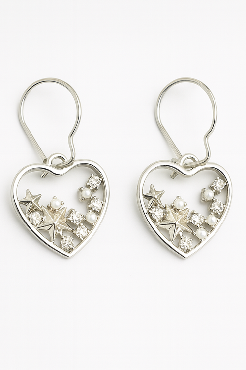 3D Star Heart Earrings – Silver Finish with Pearls & Rhinestones