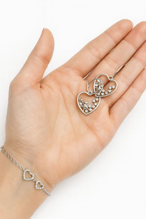3D Star Heart Earrings – Silver Finish with Pearls & Rhinestones