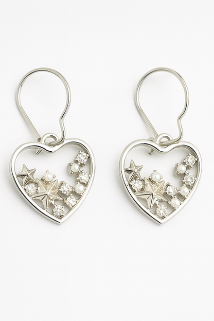 3D Star Heart Earrings – Silver Finish with Pearls & Rhinestones