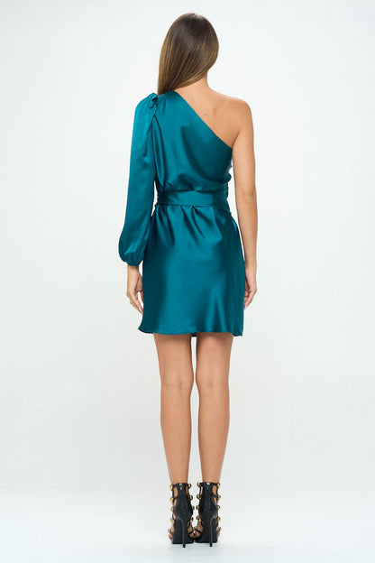 Made in USA Satin One-Shoulder Bodycon Dress with Tie