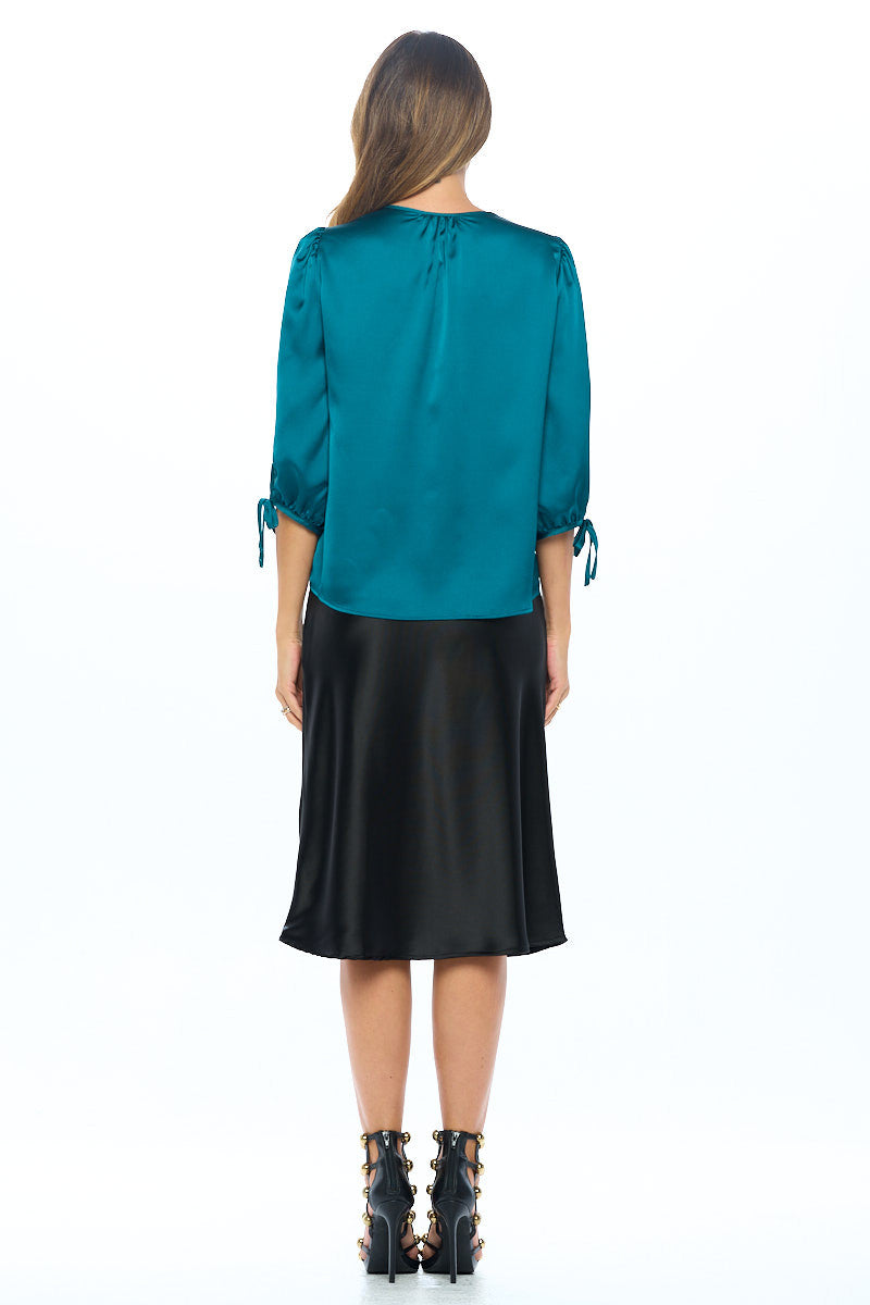 Stretch Satin Bold V neck Top with Tie Sleeve