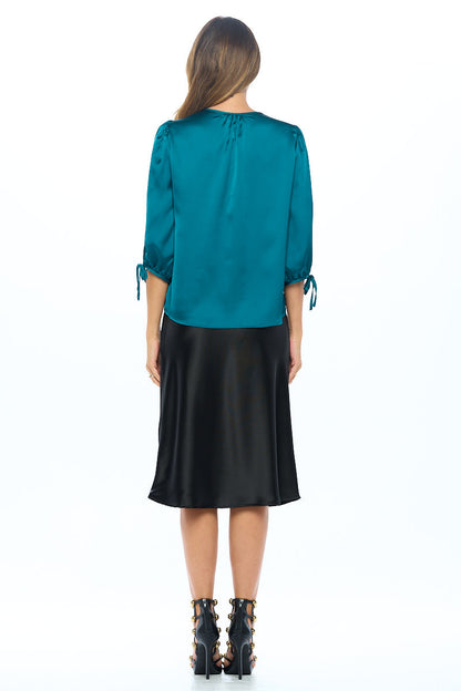 Stretch Satin Bold V neck Top with Tie Sleeve
