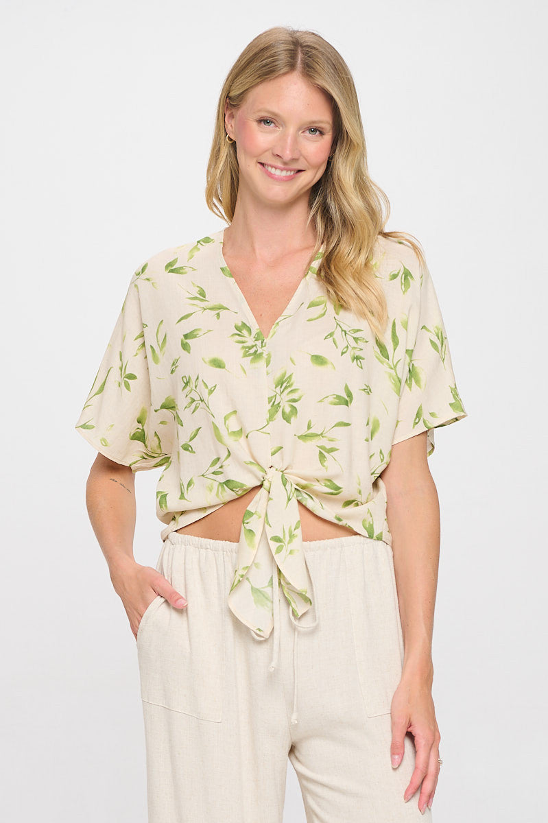 Linen Floral Print V neck Top with Front Tie