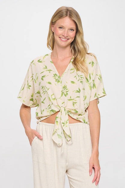 Linen Floral Print V neck Top with Front Tie