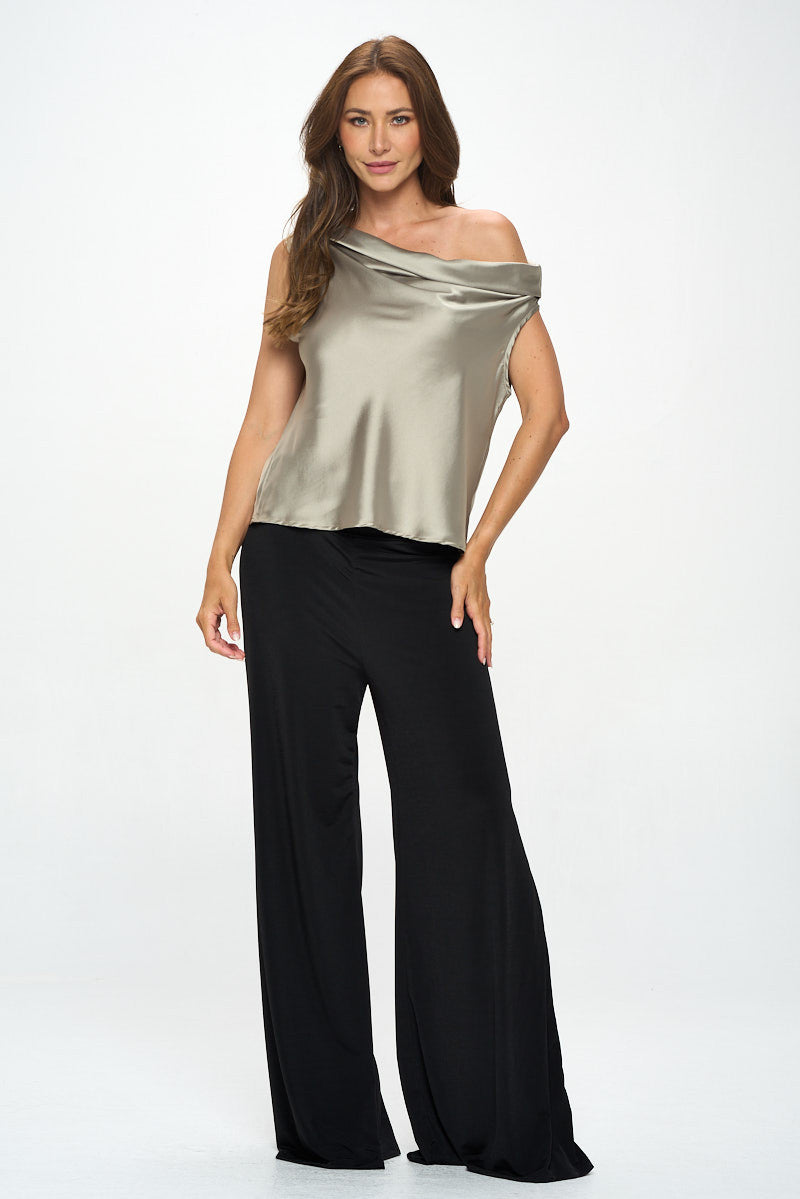 Dropped Shoulder Long Sleeve Satin Top