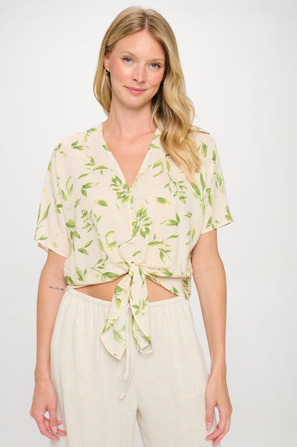 Linen Floral Print V neck Top with Front Tie