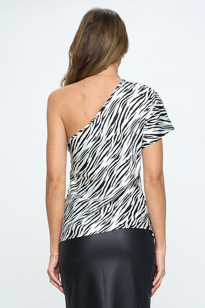 Made in USA Satin Zebra Print One-Shoulder Top