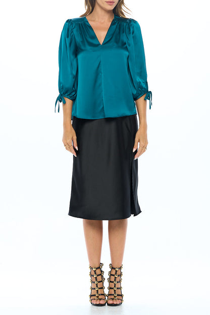 Stretch Satin Bold V neck Top with Tie Sleeve