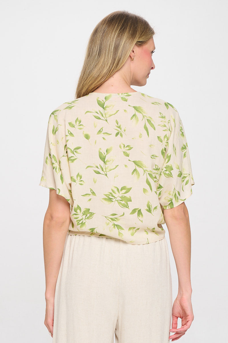 Linen Floral Print V neck Top with Front Tie