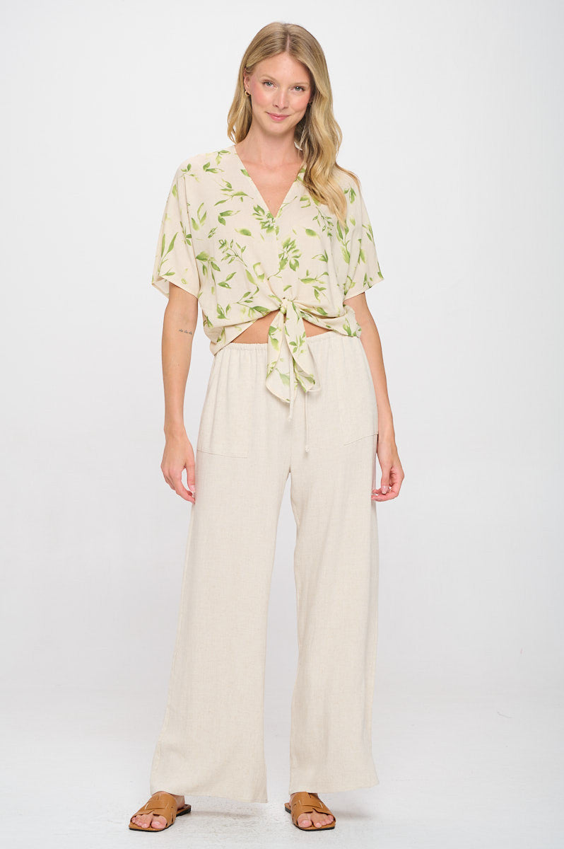 Linen Floral Print V neck Top with Front Tie