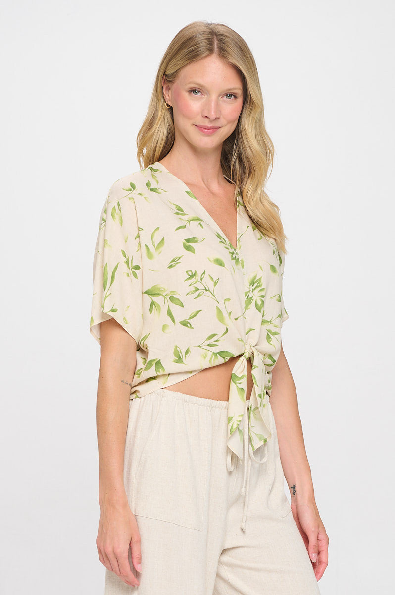 Linen Floral Print V neck Top with Front Tie