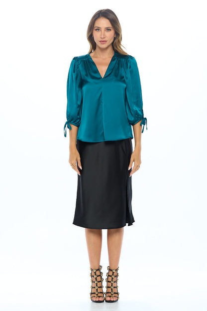 Stretch Satin Bold V neck Top with Tie Sleeve