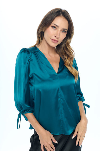 Stretch Satin Bold V neck Top with Tie Sleeve