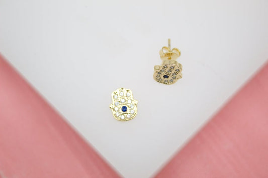 18K Gold Filled Hand of Hamsa Stud Earrings With Clear and Blue CZ Stones (K341)