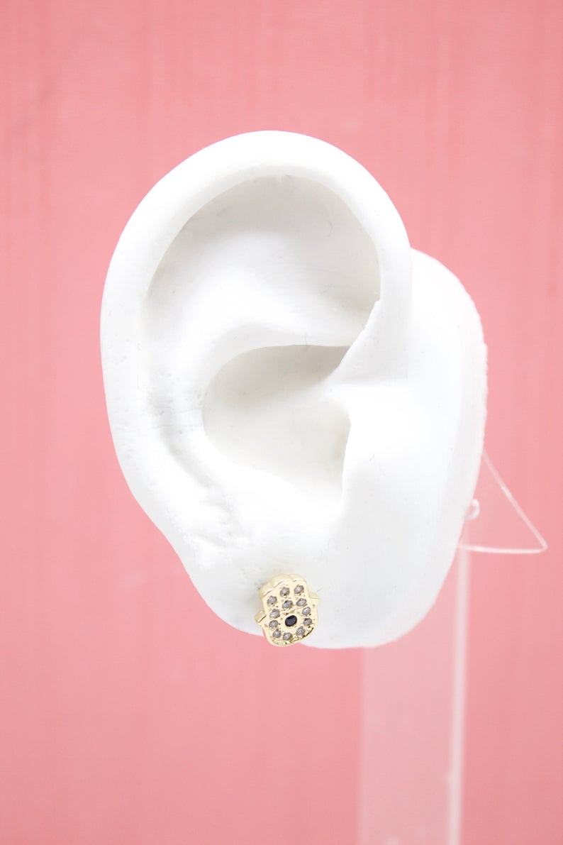 18K Gold Filled Hand of Hamsa Stud Earrings With Clear and Blue CZ Stones (K341)